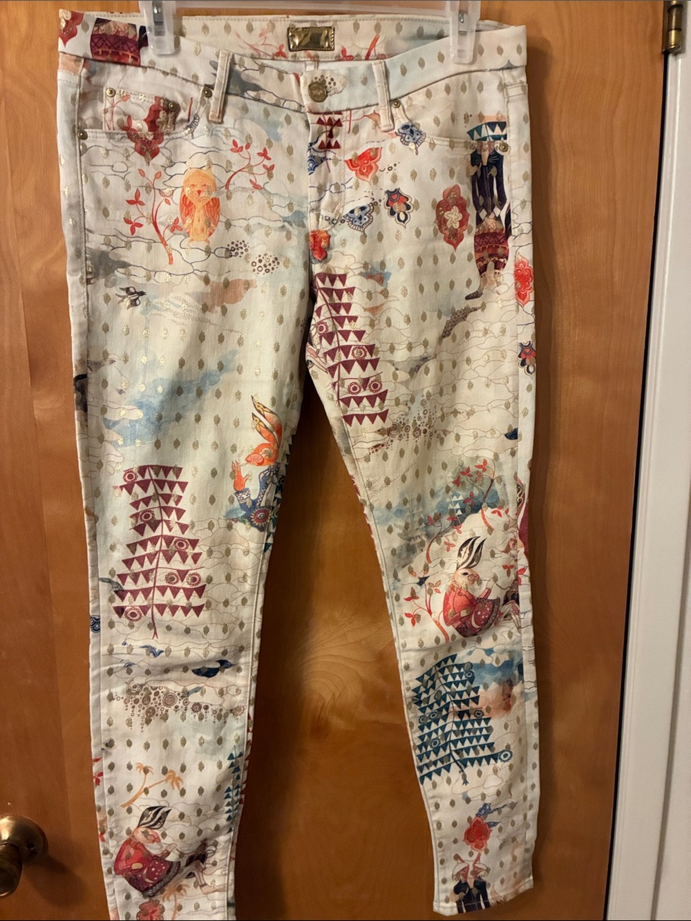 Mother Patterned Cream Skinny Jeans with Multicolor Prints 28